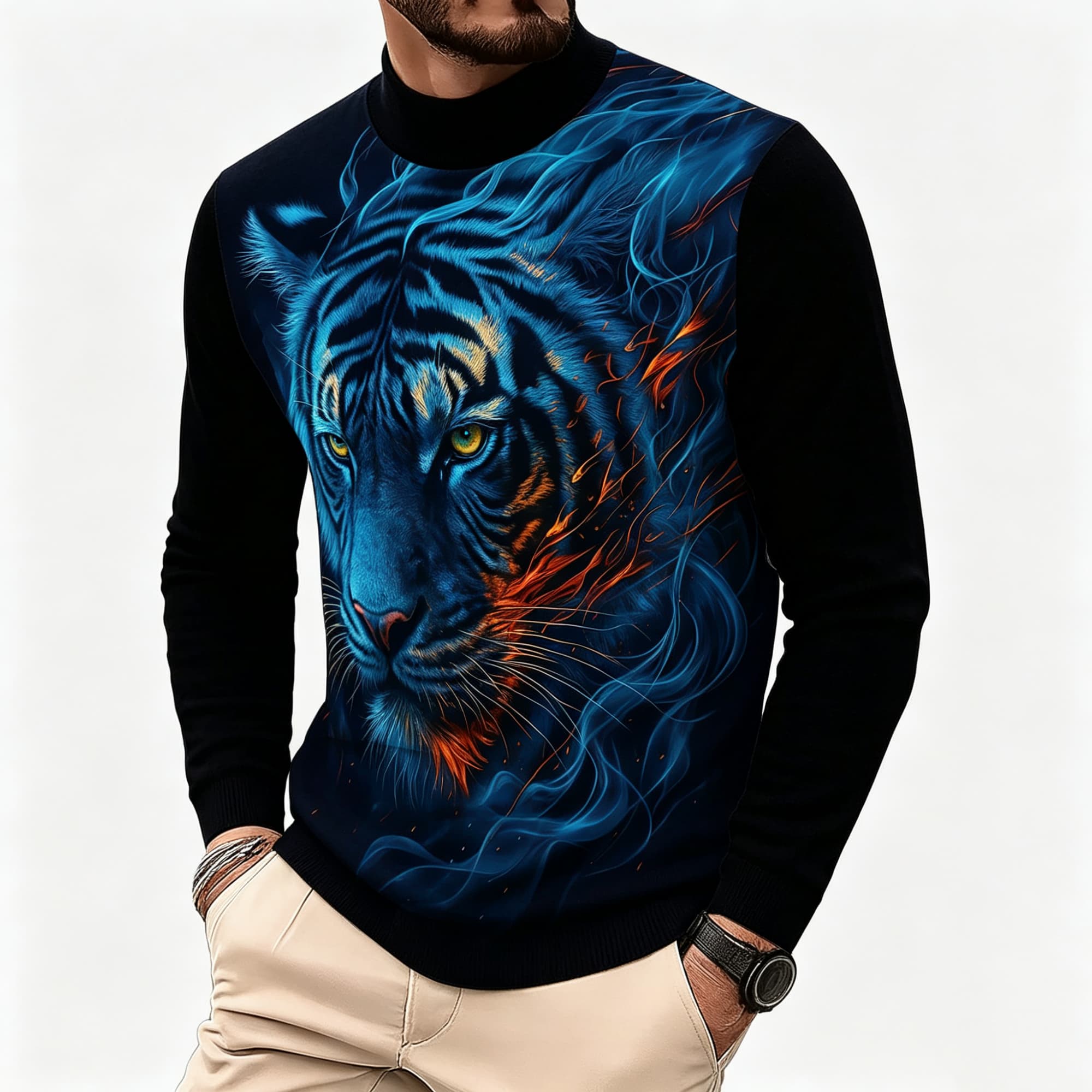 Neon Blue Flame Tiger Animal A - Tee Graphic Print recension och pris